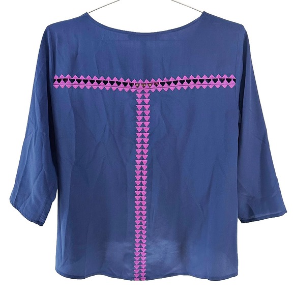 BCBGMAXAZRIA Mara 100% Silk 3/4 Sleeve Blouse • XS • navy blue, purple •‎ lace - Picture 5 of 9